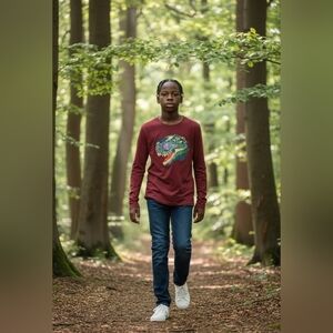 Land Ends Kids Dinosaur Graphic Long Sleeve Shirt - Maroon NWOT Medium